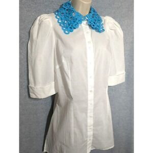 Vtg 80s White Blouse Women L Crochet Turquoise Collar Cotton Boho Appeal Unique